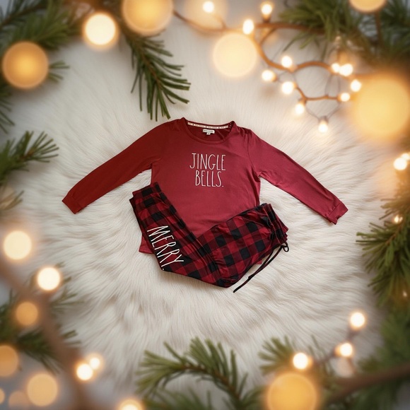 Rae Dunn Jingle Bells Merry PJ Set Women’s Large Buffalo Plaid EUC - Picture 1 of 13